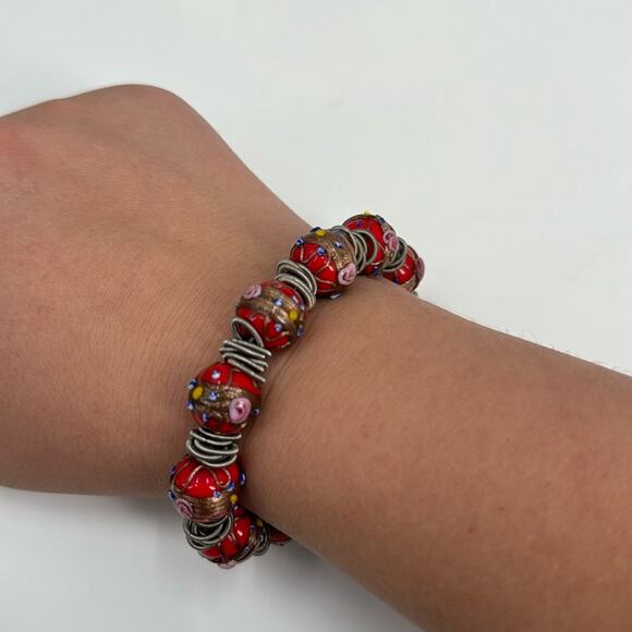 Red Glass beaded silver stretchy bracelet - Picture 1 of 6